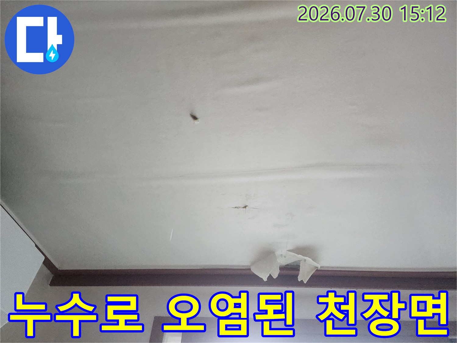 천장 마감재에 나타난 누수 흔적과 전등 주변의 수분 침투 구간