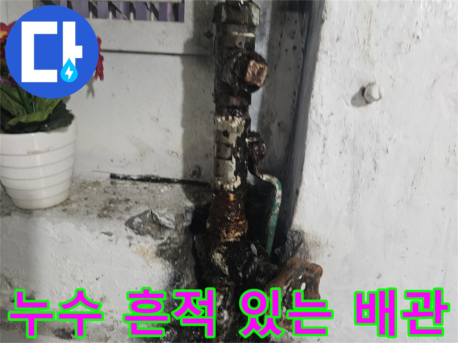 검은 물때와 부식이 나타난 화장실 배관 연결부 현장 사진
