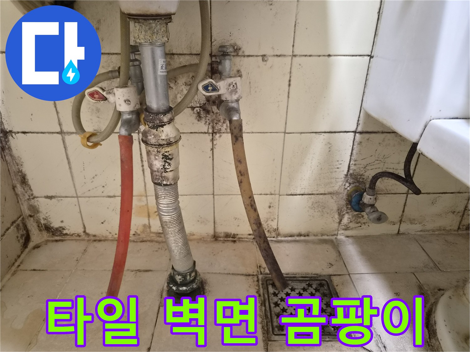 습기로 인해 변색된 화장실 타일과 배관 연결 부위