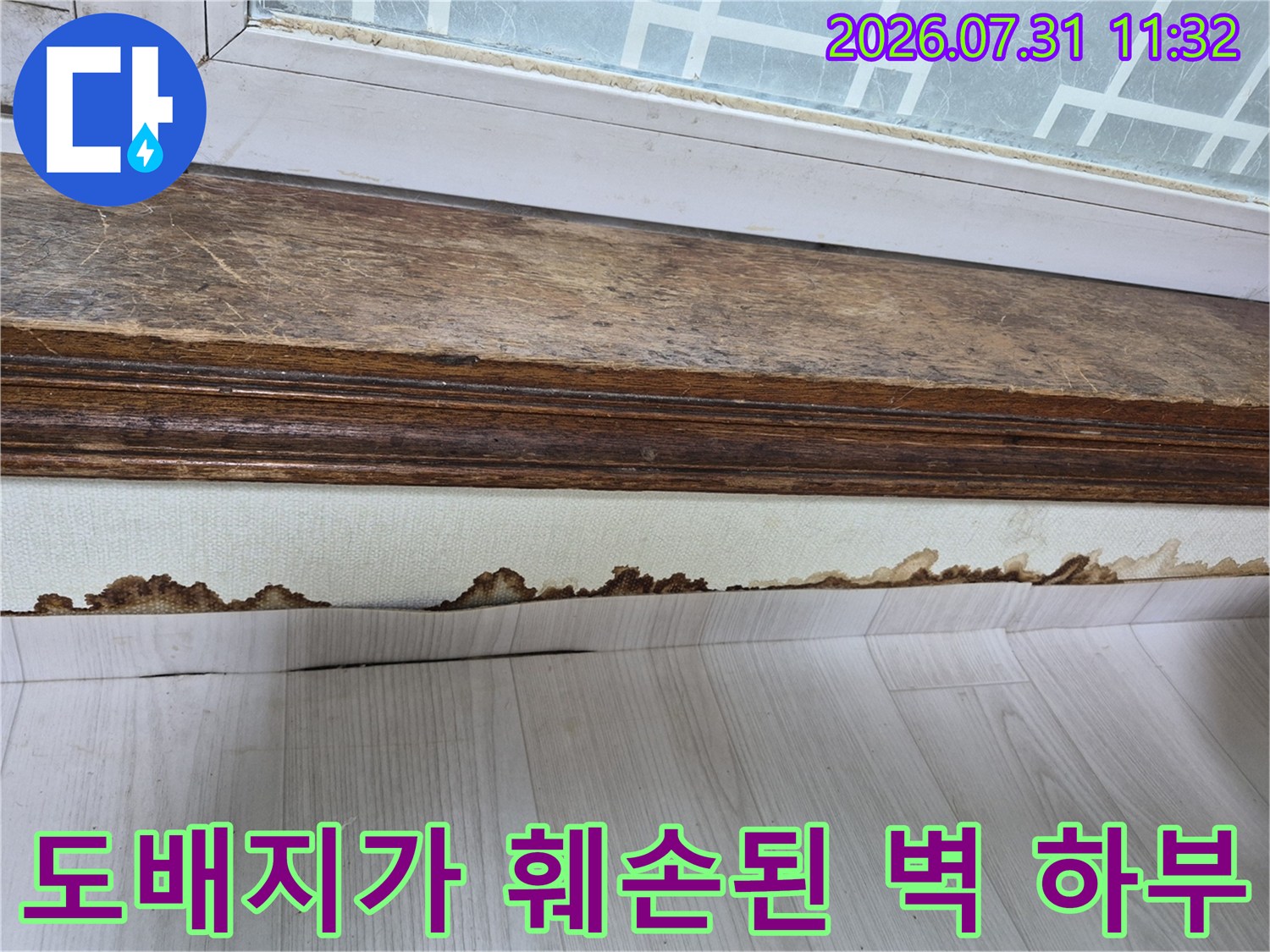 습기로 인해 변형되고 곰팡이가 발생한 실내 마감재 현장