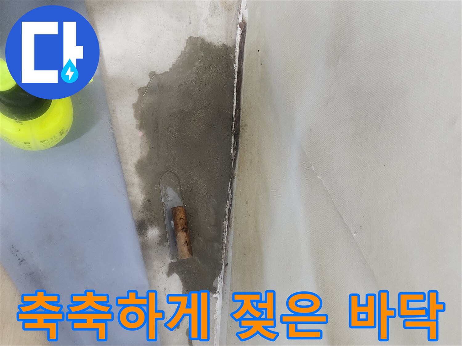 바닥재 주변에 넓게 퍼져 있는 젖은 얼룩과 습기