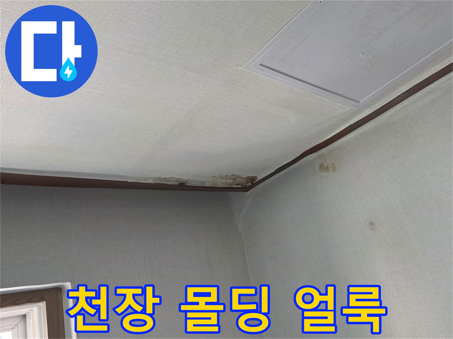 벽면과 천장의 경계 부분에 나타난 누수 흔적 사진입니다.