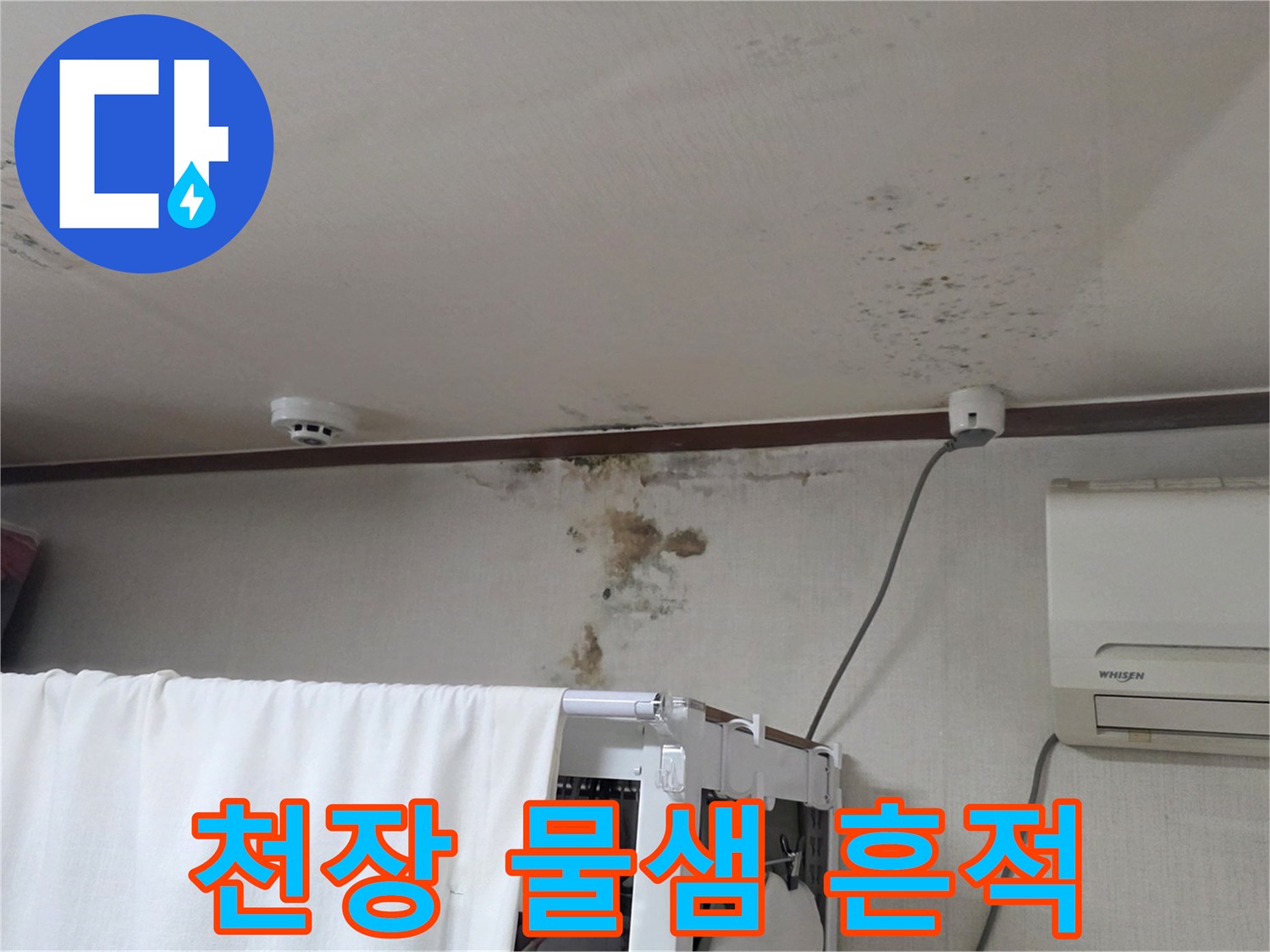 분당 구미동 원룸의 천장 벽지가 젖어 얼룩진 모습입니다.