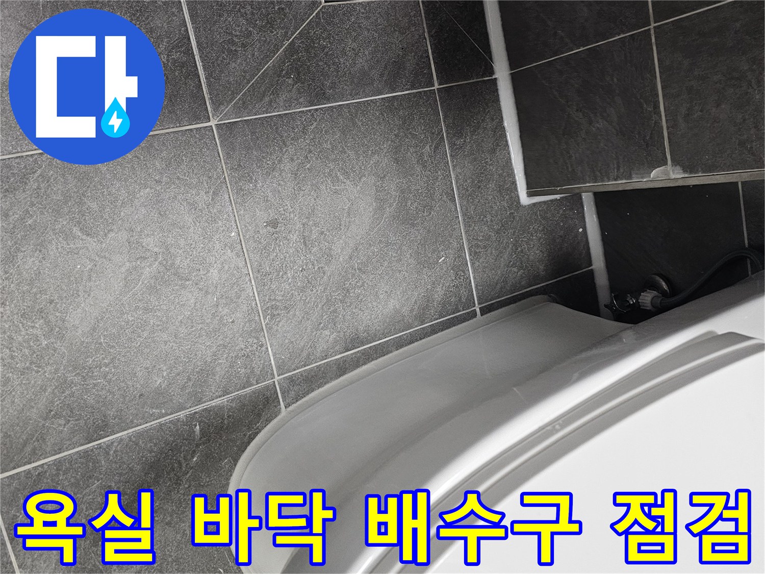 양변기 하단과 검은색 배수구 유가가 위치한 타일 바닥