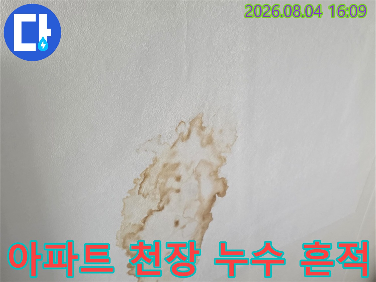 흰색 천장 마감재에 발생한 갈색의 물샘 흔적과 오염 부위
