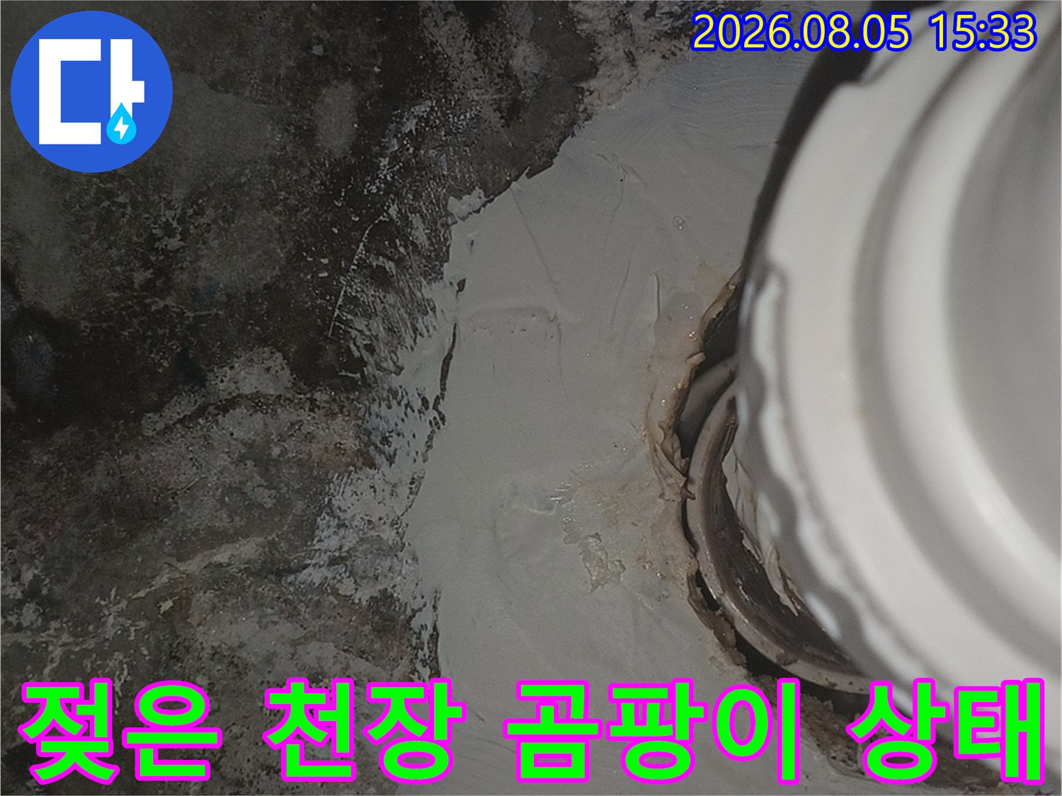 화장실 배관 주변-물기가 스며들어 발생한 검은색 곰팡이와 얼룩