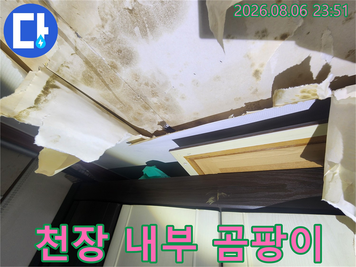 누수 발생 부위의-심한 곰팡이와 벽지 변색