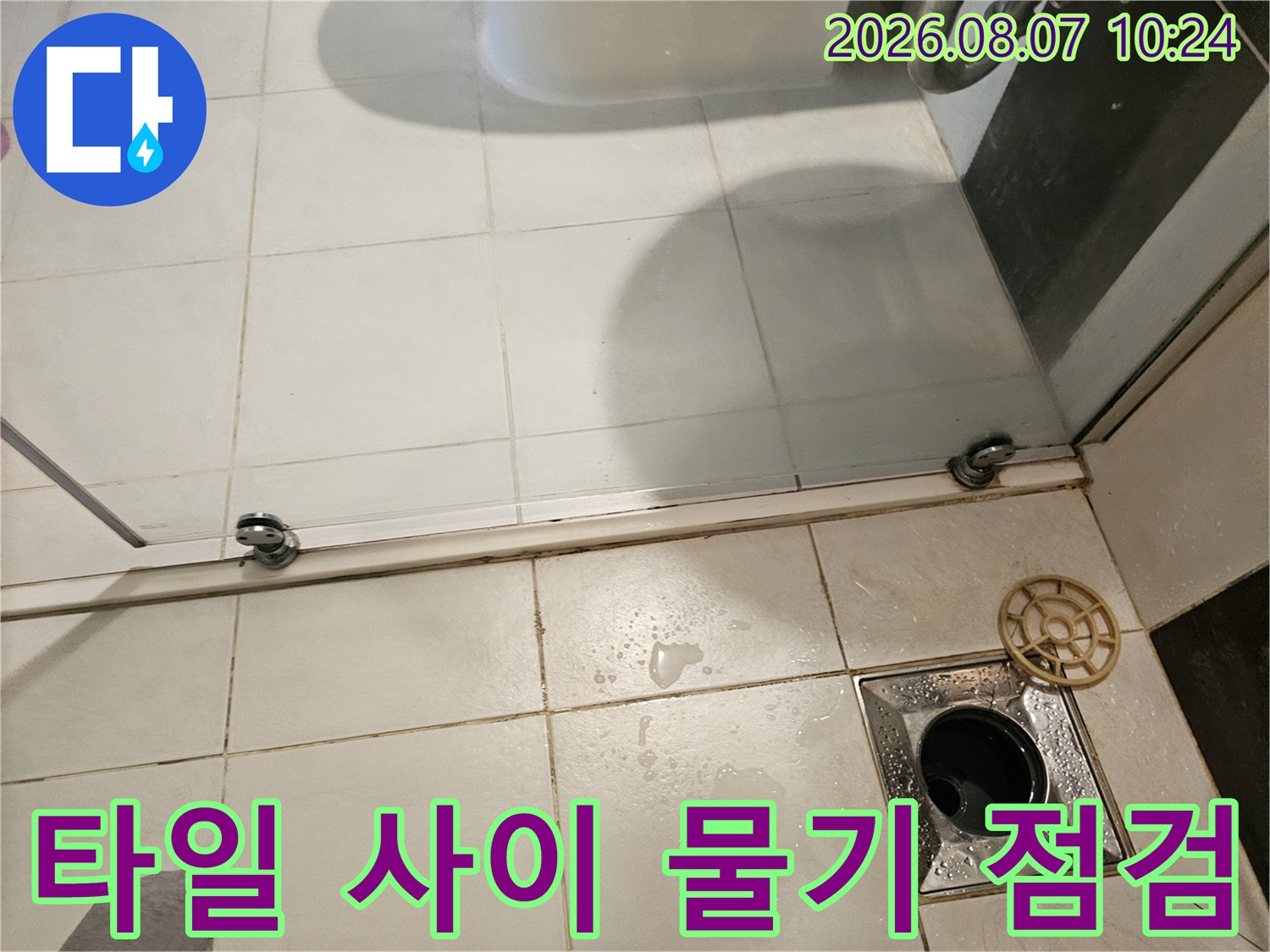 물기가 맺힌 화장실 타일과 배수구 - 누수 지점 확인 중