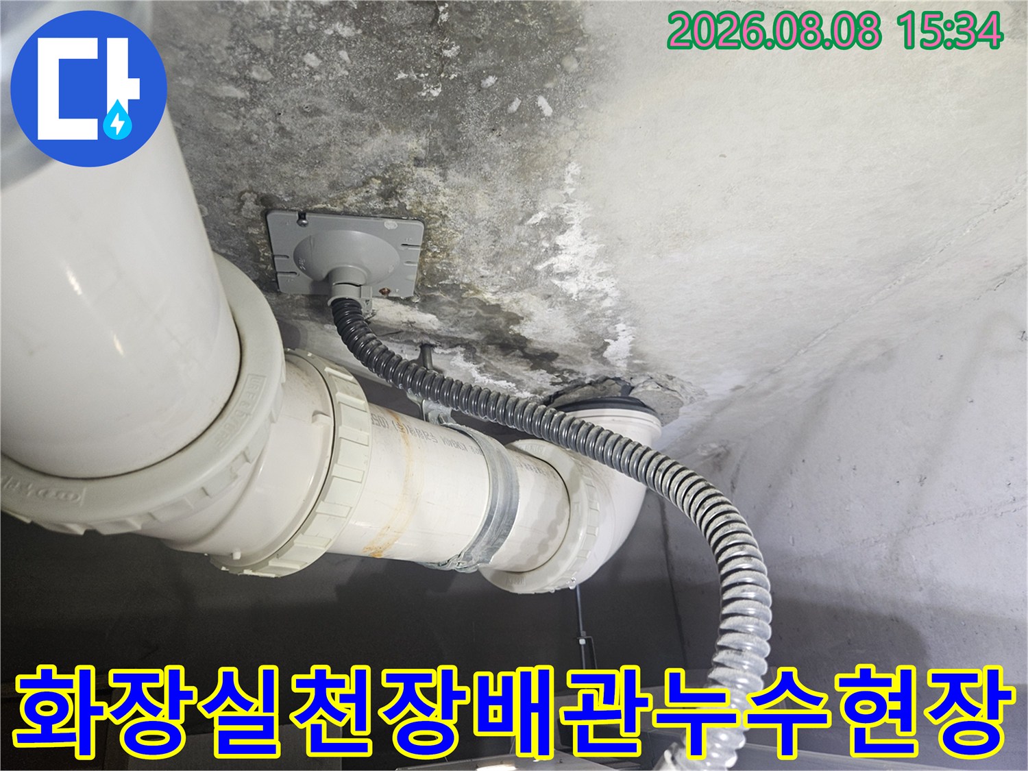 고양시덕양구-화장실 천장 배관 주변의 습기와 오염 상태를 점검하는 모습입니다.