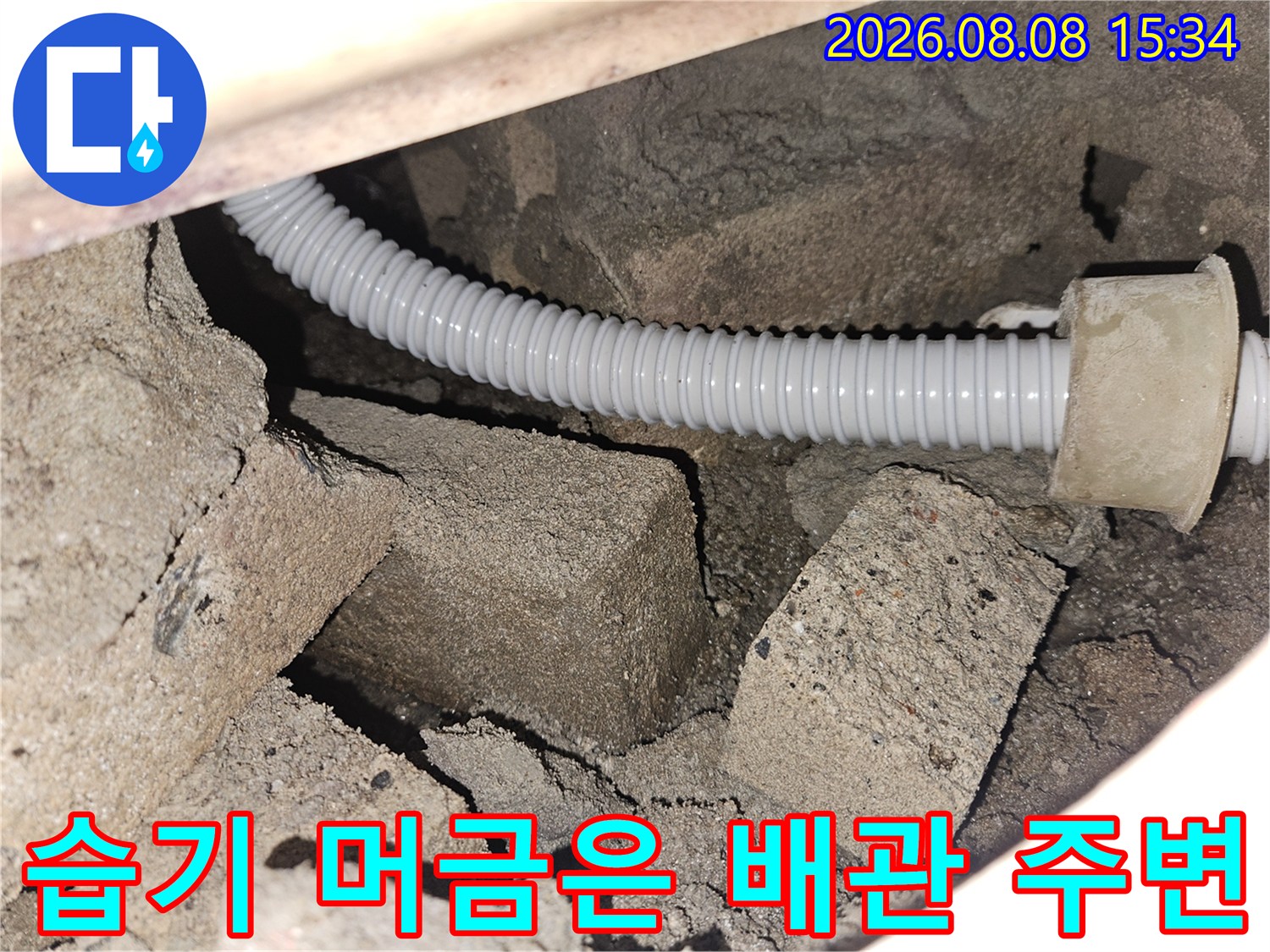 물기에 젖어 어둡게 변한 콘크리트와 흰색 배관