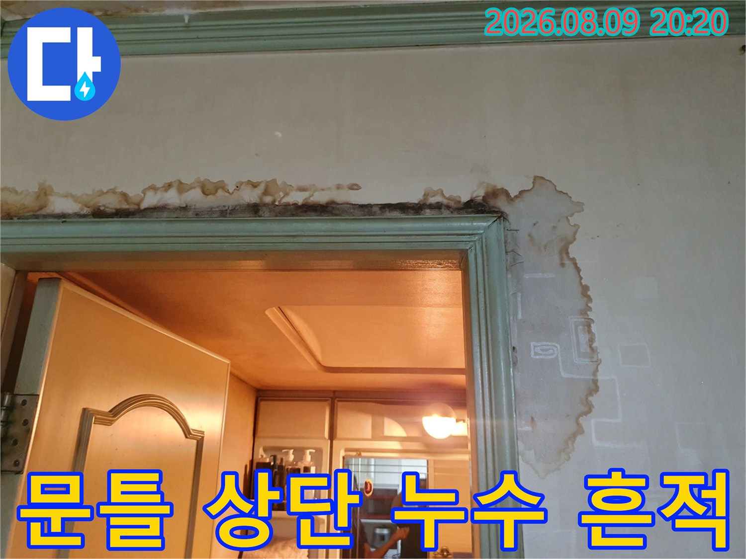 문틀 주변 벽지-물에 젖어 갈색으로 변한 벽지와 곰팡이 흔적
