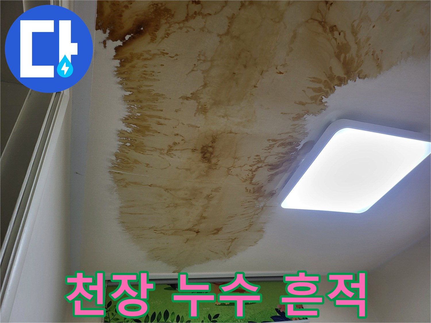 천장 조명 부근까지 퍼진 갈색 누수 얼룩 사진