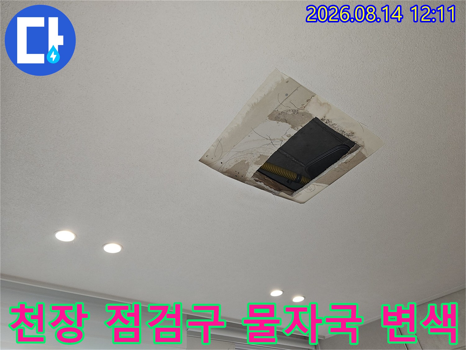 점검구 주변으로 넓게 번진 천장 누수 오염 흔적