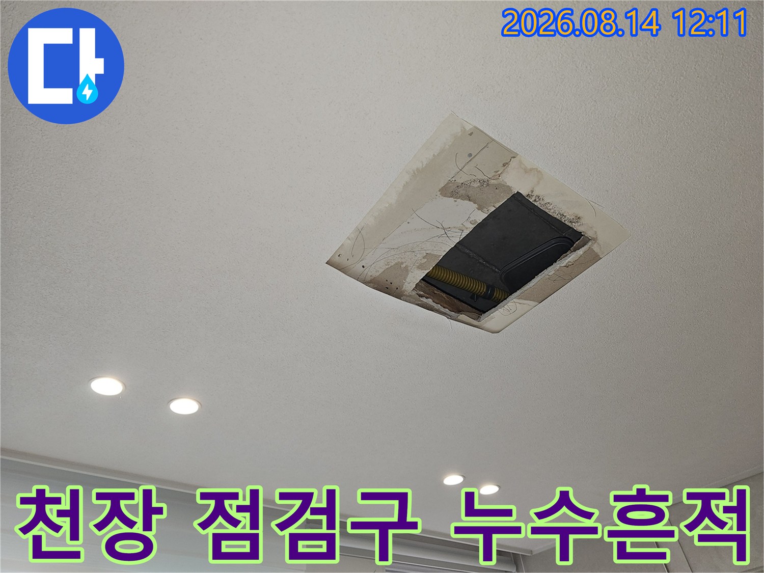 천장 점검구 주변에 넓게 퍼진 누수 얼룩과 습기 흔적