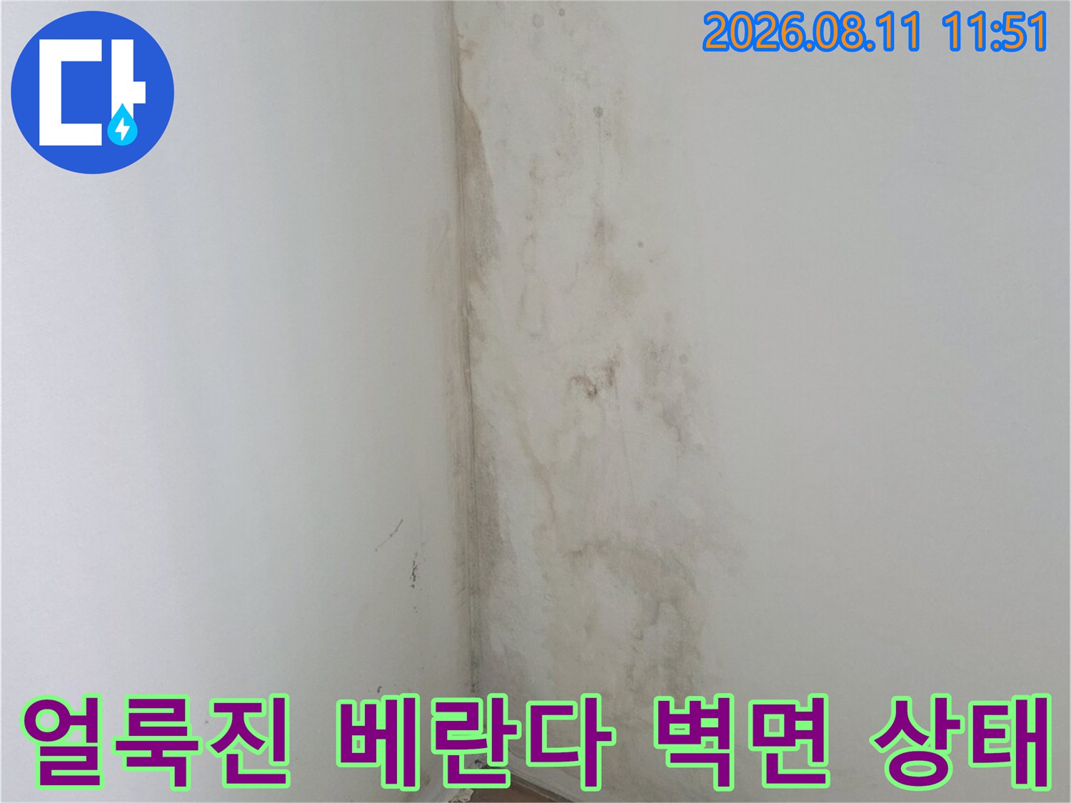 습기로 인해 얼룩지고 곰팡이가 발생한 베란다 벽면 내부
