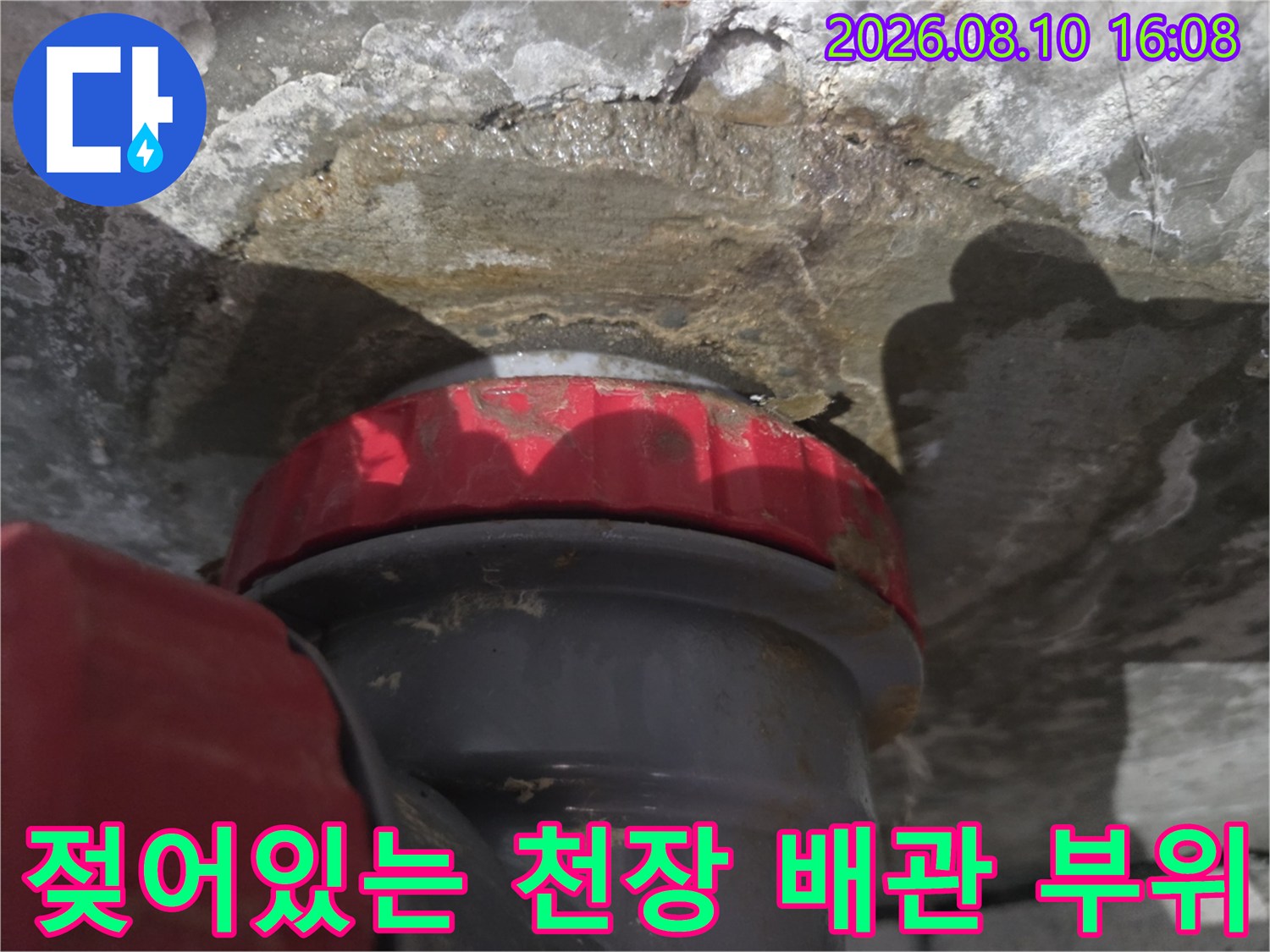 화장실 배수 배관 - 콘크리트 층의 습기 침투와 오염된 모습