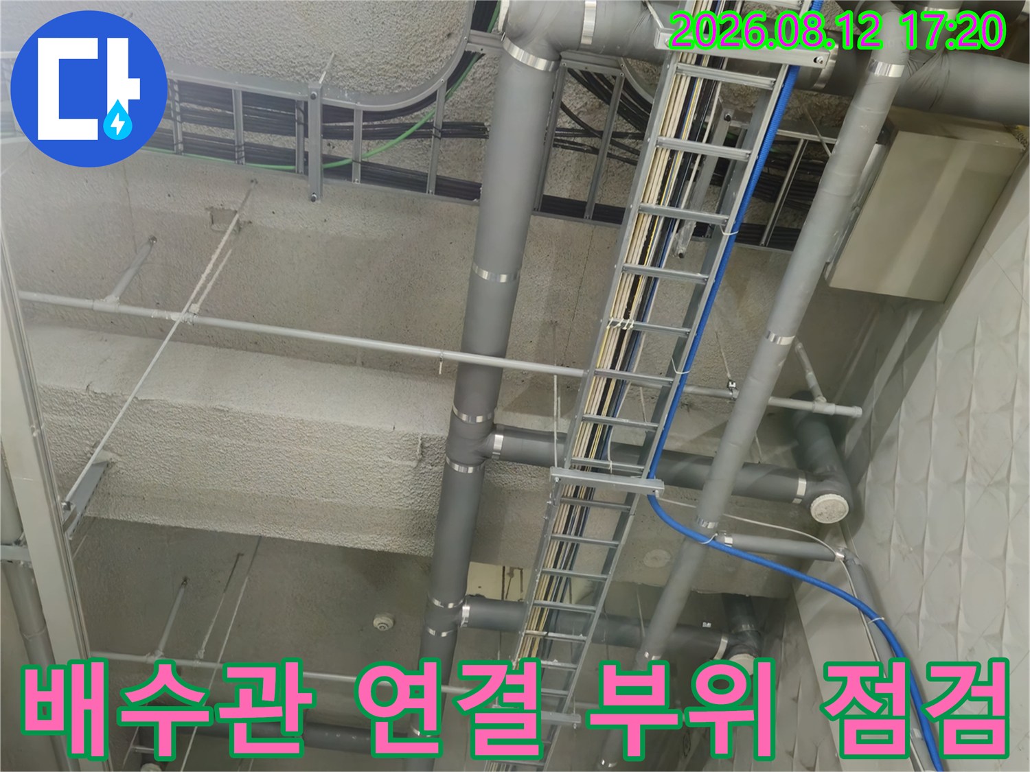 복잡하게 얽힌 배수관과 전기 트레이의 누수 점검 현장