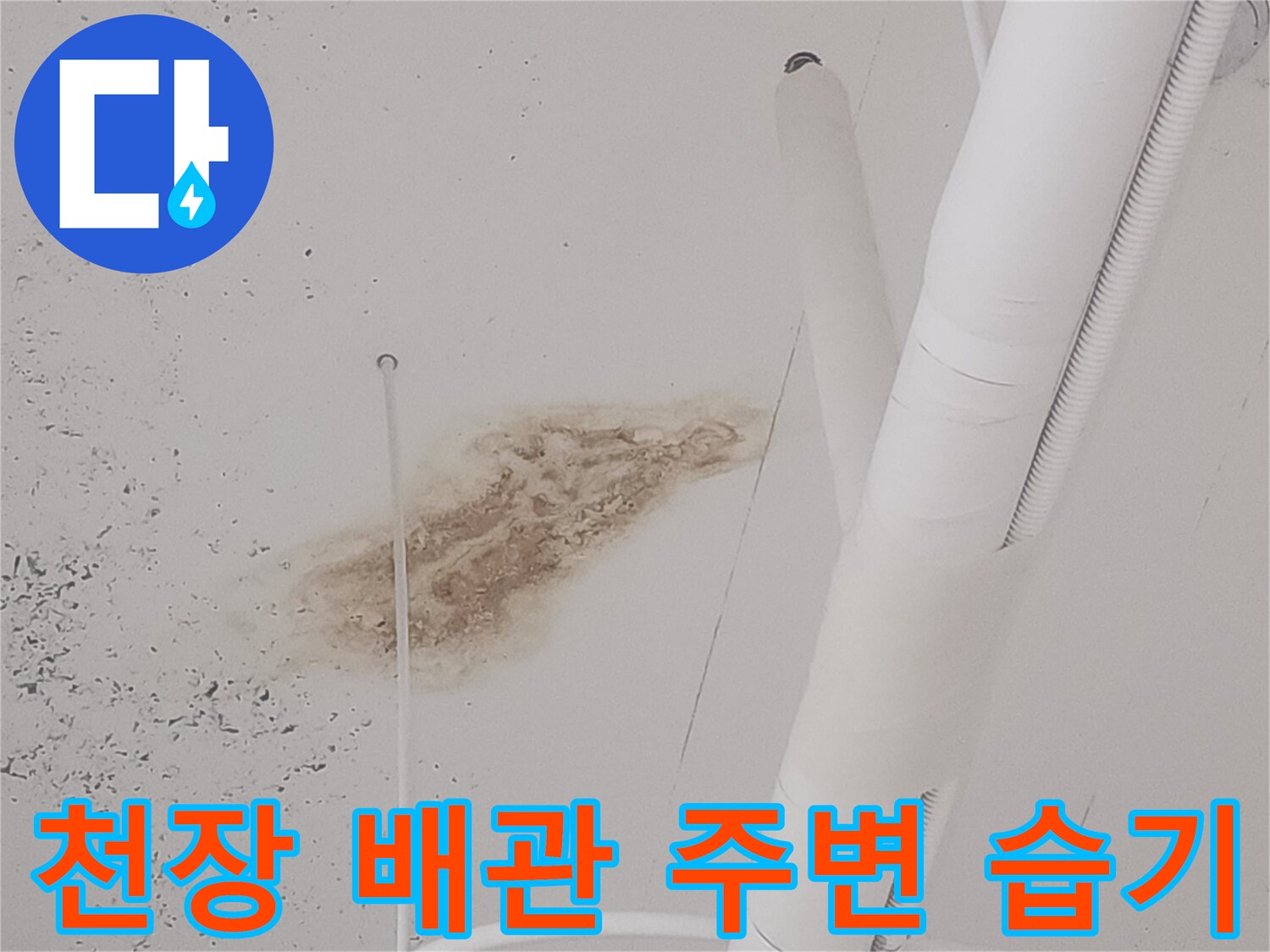 배관 아래쪽-갈색으로 변한 천장의 누수 흔적 및 습기 상태