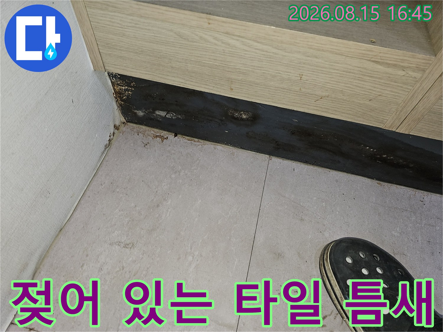 바닥 타일 사이로 물기가 배어 나온 누수 현장 사진