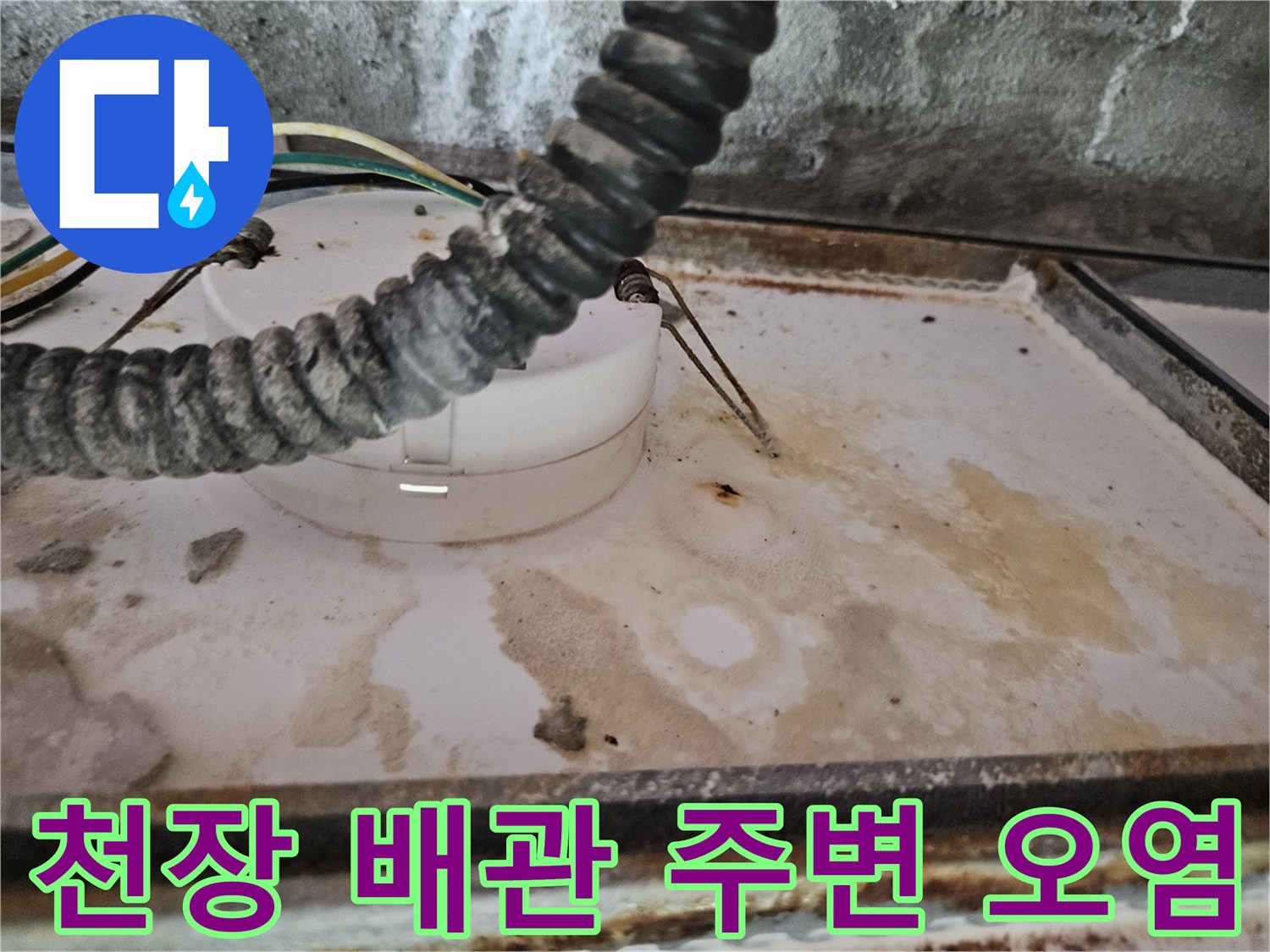 배관 주변에 형성된 누수 물때와 얼룩진 천장 면