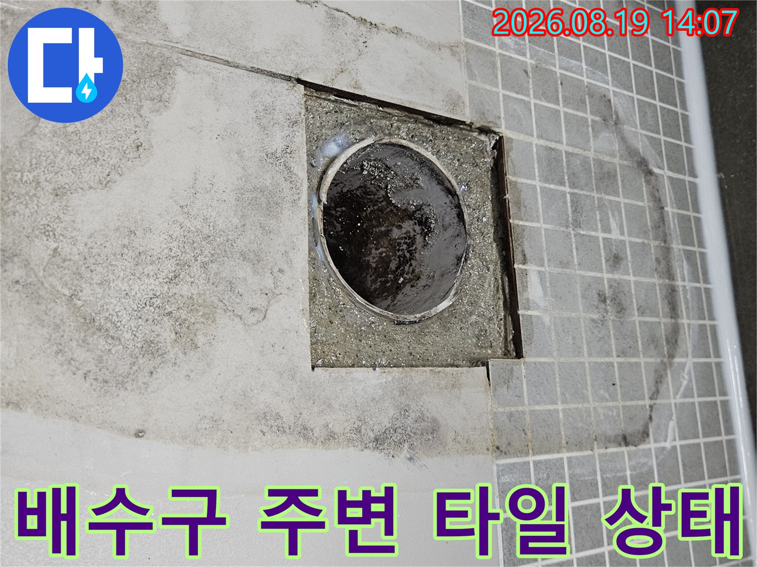 양주 옥정동 화장실 배수구 주변의 탈거된 타일과 노출된 배관 모습