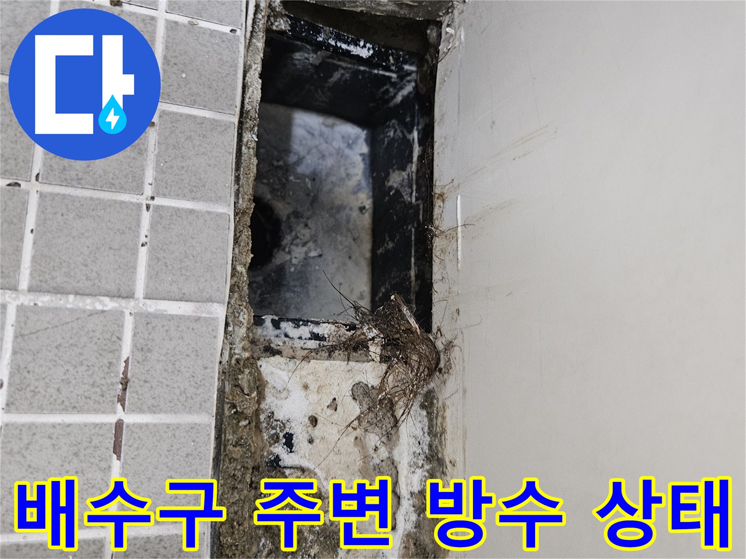 화장실 배수구 유가 주변의 노후된 방수층과 오염된 상태를 보여주는 사진입니다.