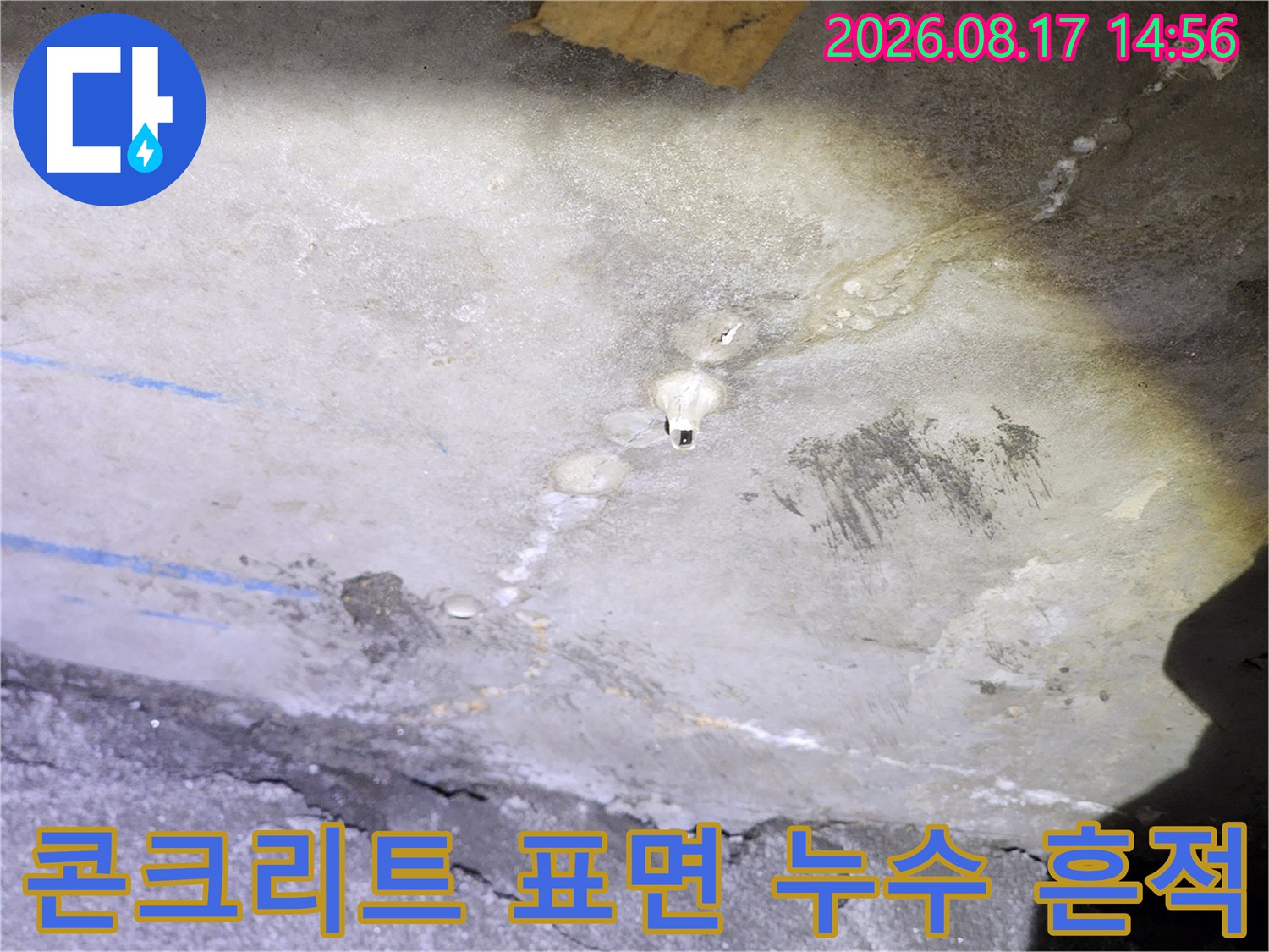 화장실 천장 콘크리트-배관 근처에 하얗게 일어난 백태와 물길입니다.