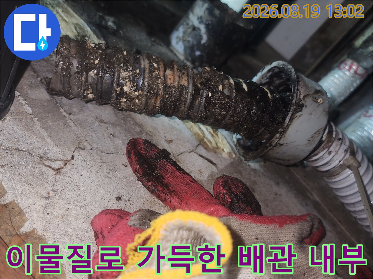 배수관 내부에 퇴적된 이물질과 슬러지를 보여주는 사진입니다.