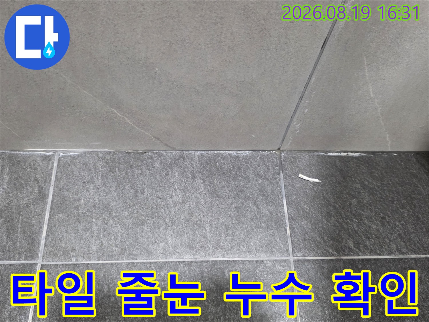 바닥 타일 사이의 물 고임과 습기 여부를 집중적으로 점검합니다.