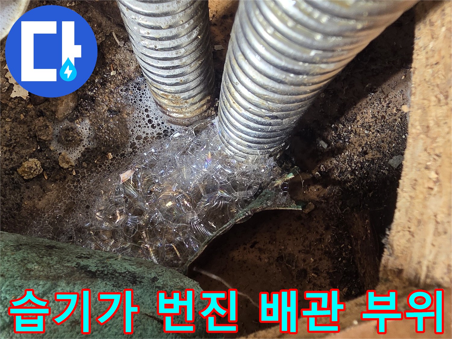 싱크대 하단 배관 주변의 물 맺힘과 바닥 오염 상태