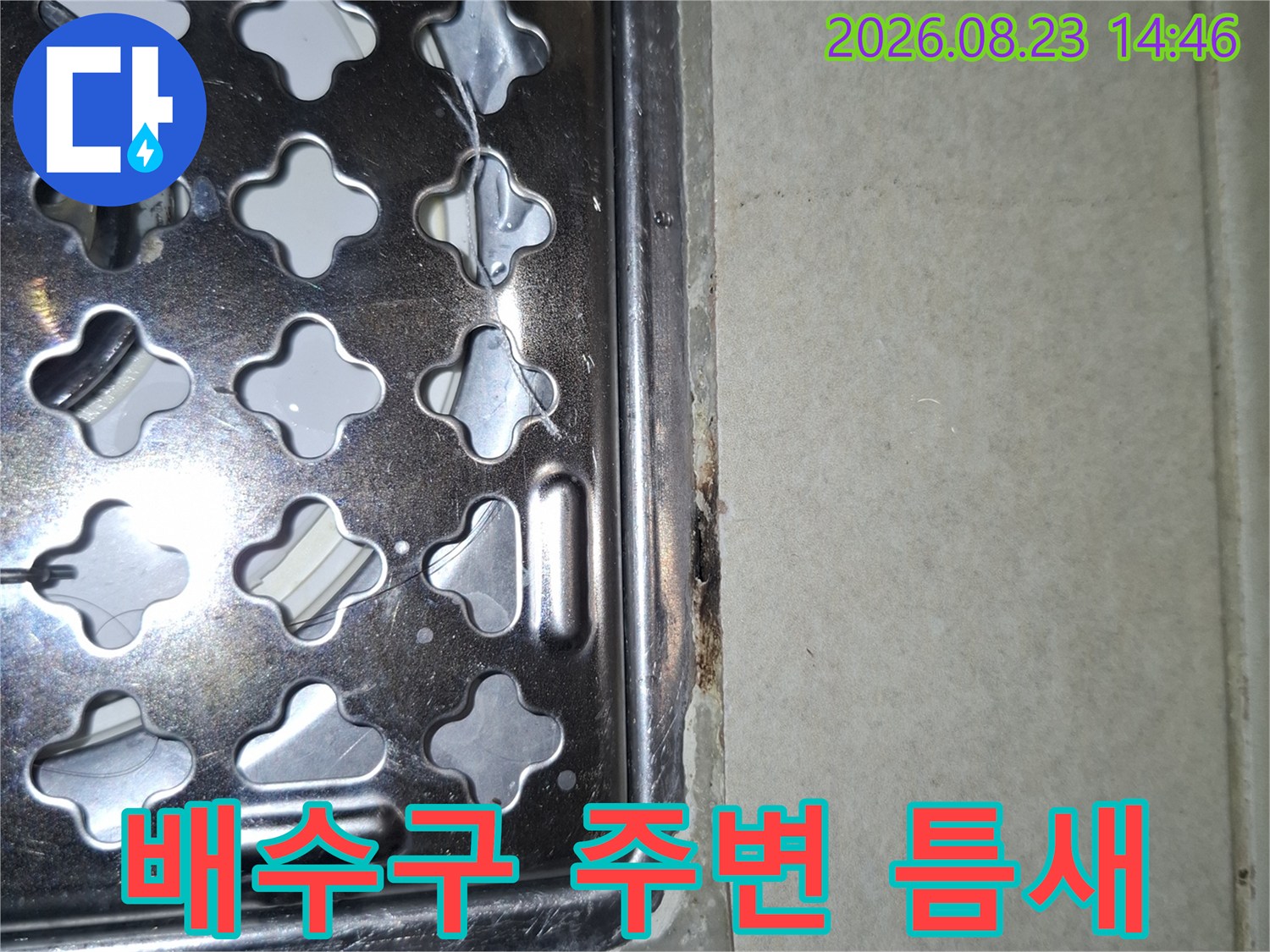 다용도실 배수구와 타일 사이의 균열 - 누수 유입 가능성 확인