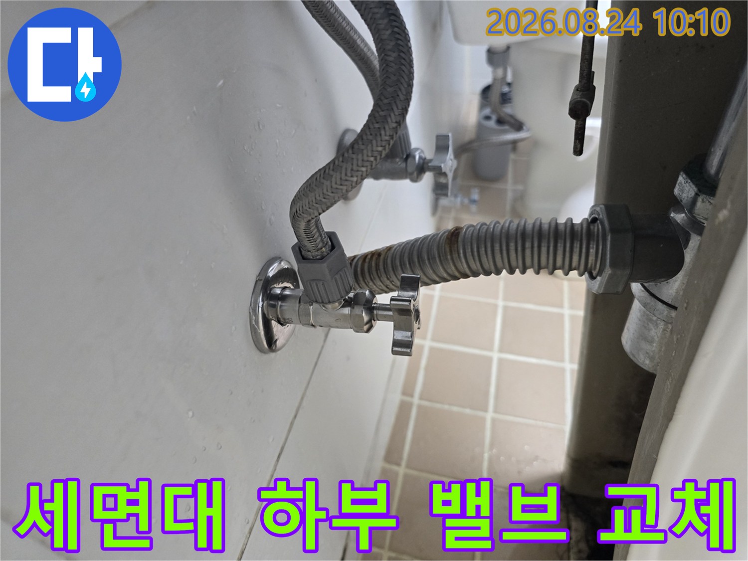 교체된 앵글밸브와 고압 호스가 연결된 세면대 아래쪽 모습입니다.