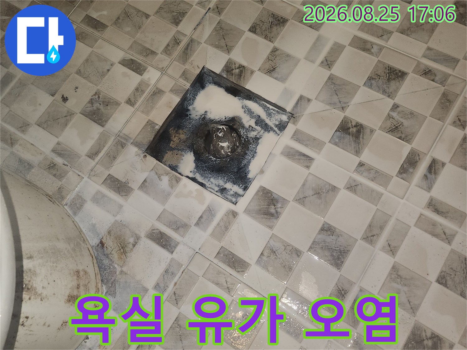 배수구 주변 타일 틈새의 물때와 습기 흔적