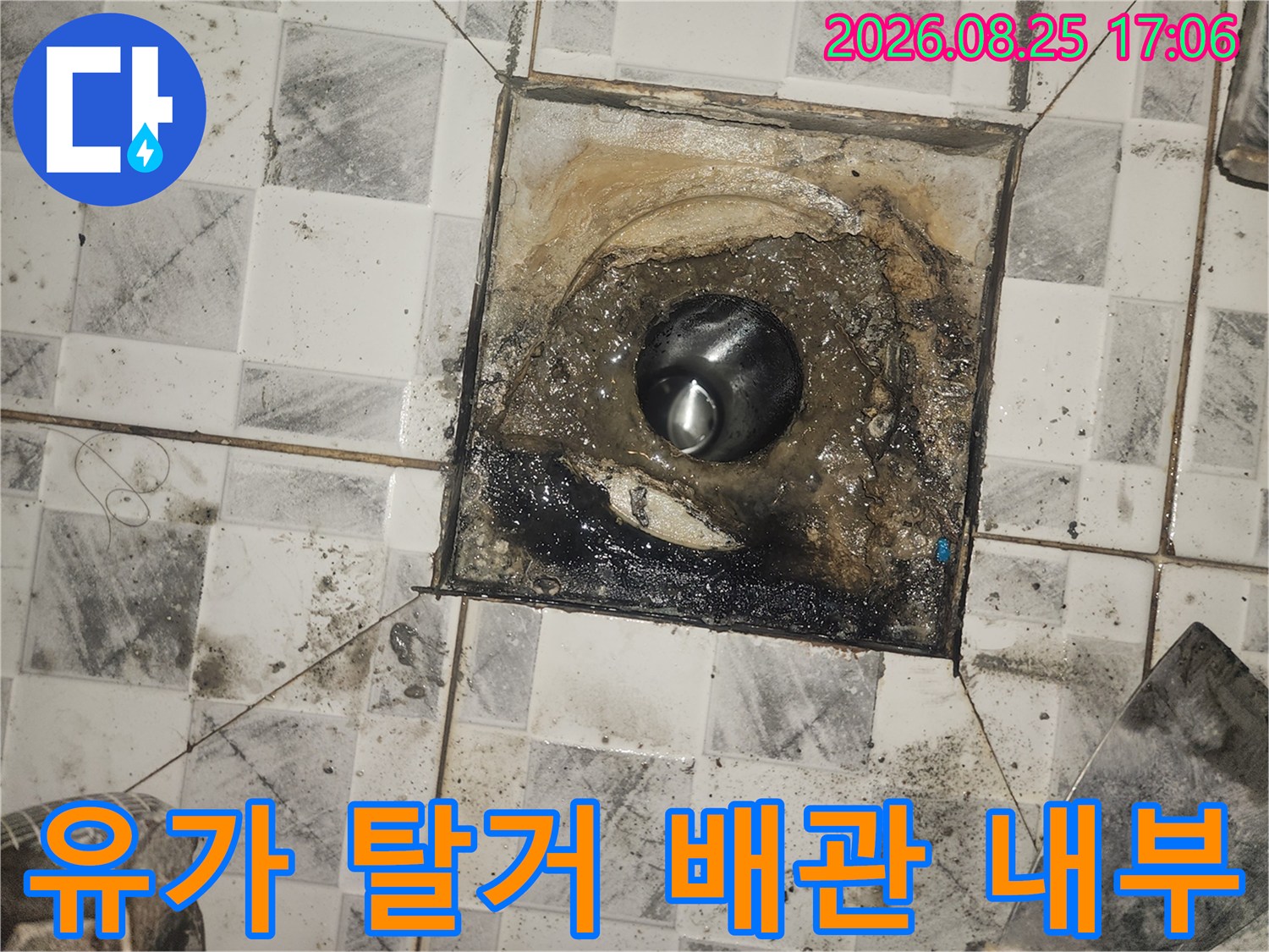 화장실 유가 제거 후 드러난 오염된 하수 배관 입구와 타일 틈새입니다.