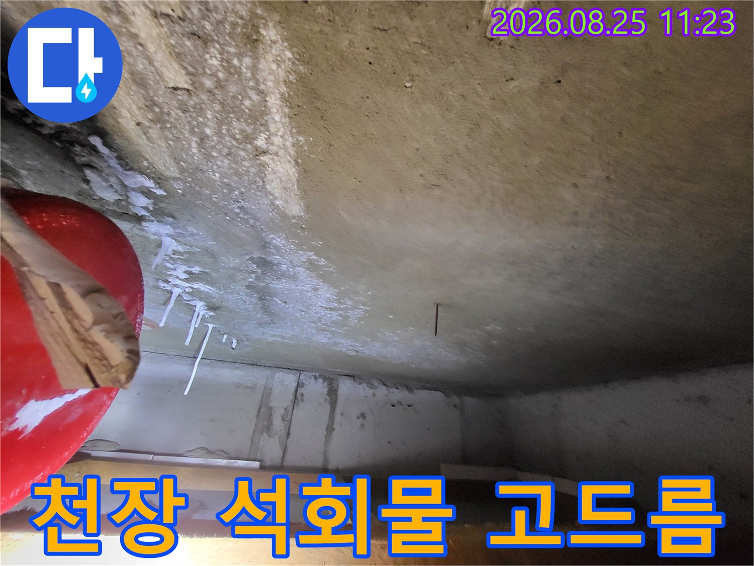 콘크리트 천장에서 흘러내린 하얀색 석회물과 얼룩 상태