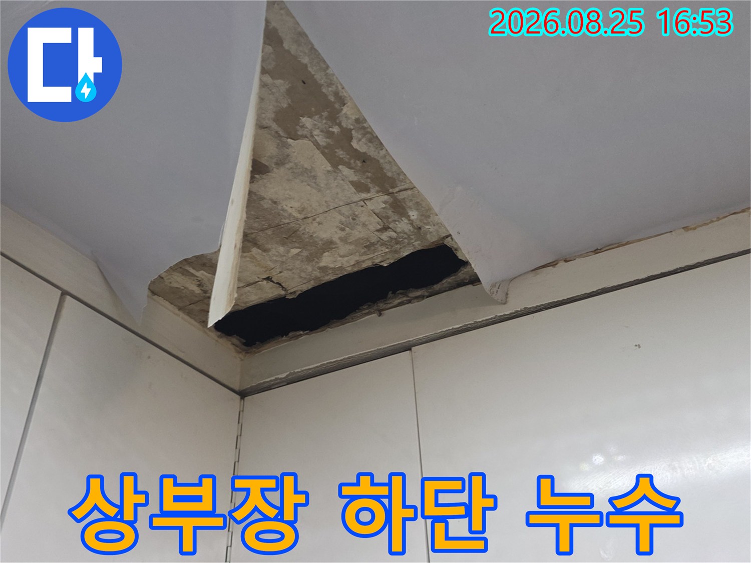 주방 상부장 아래 천장 마감재의 곰팡이 및 습기 얼룩