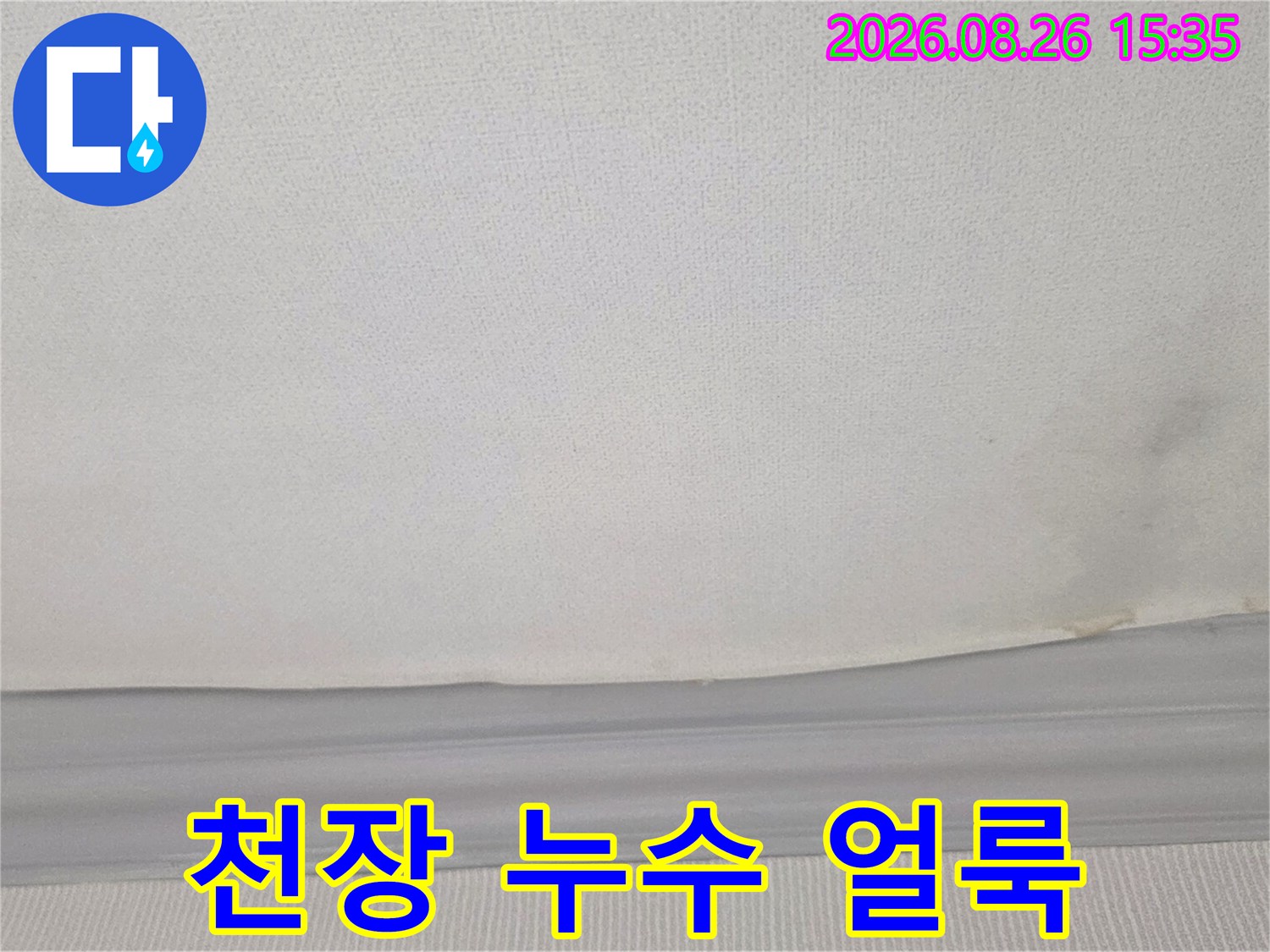 경기 광주 송정동 빌라 천장에 발생한 어두운 습기 얼룩과 곰팡이 흔적