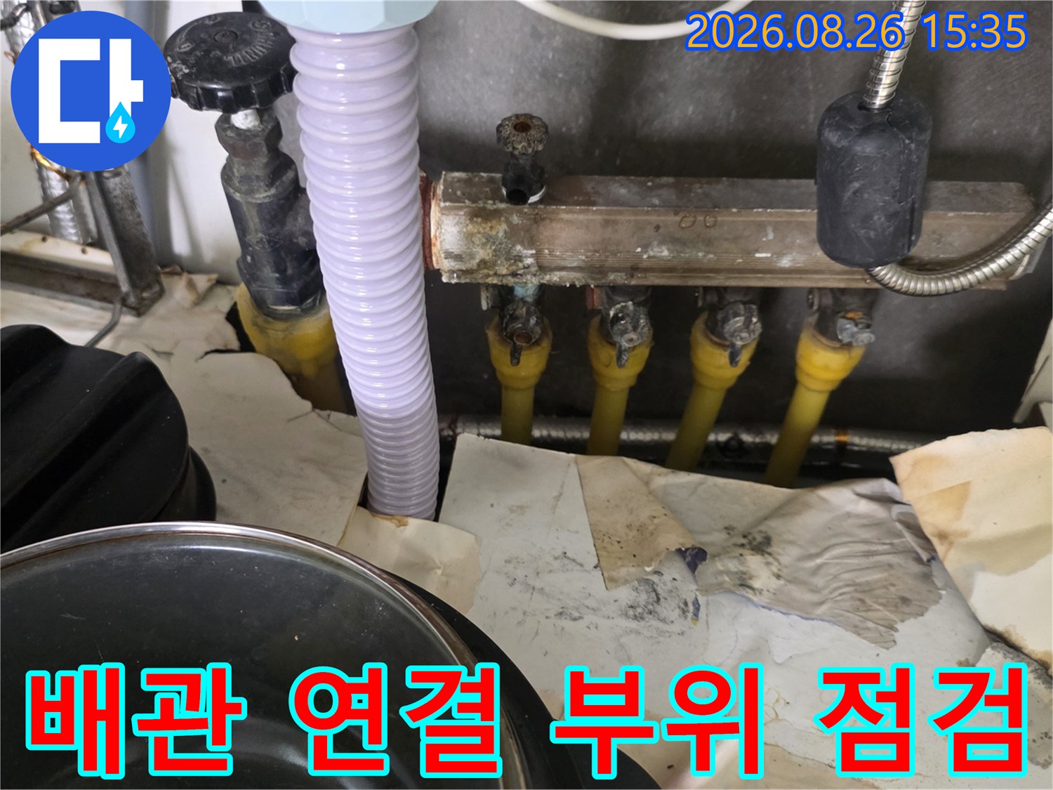 노출된 배관들과 하수구 주변의 습한 상태를 보여주는 사진