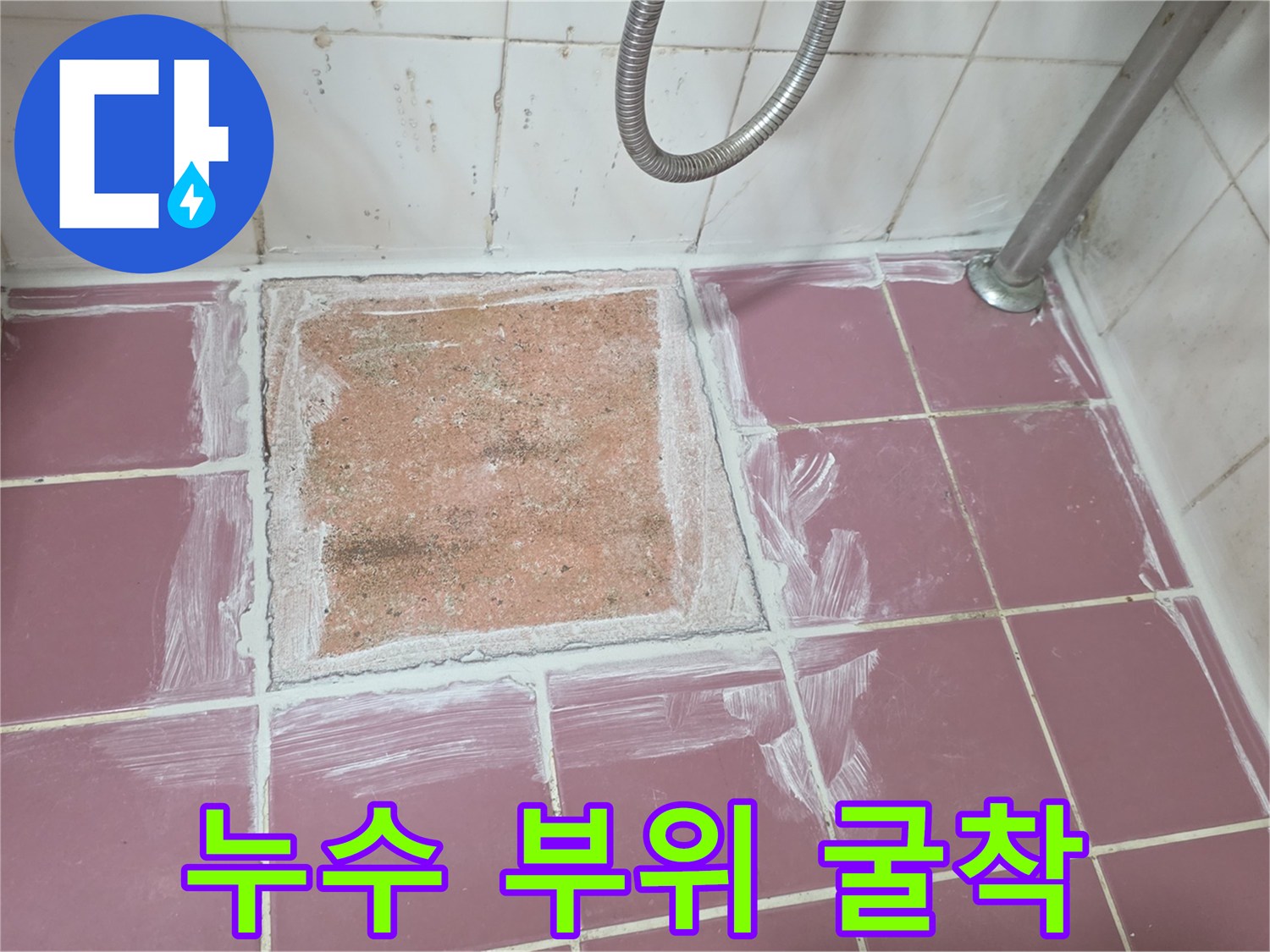 분홍색 타일 사이 노출된 배수구 하부 공간