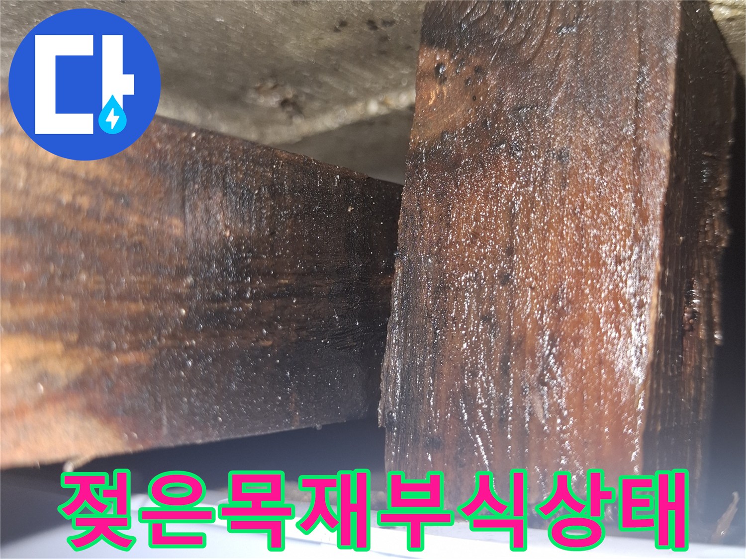 지속적인 수분 노출로 인해 변색된 가구 하단 목재