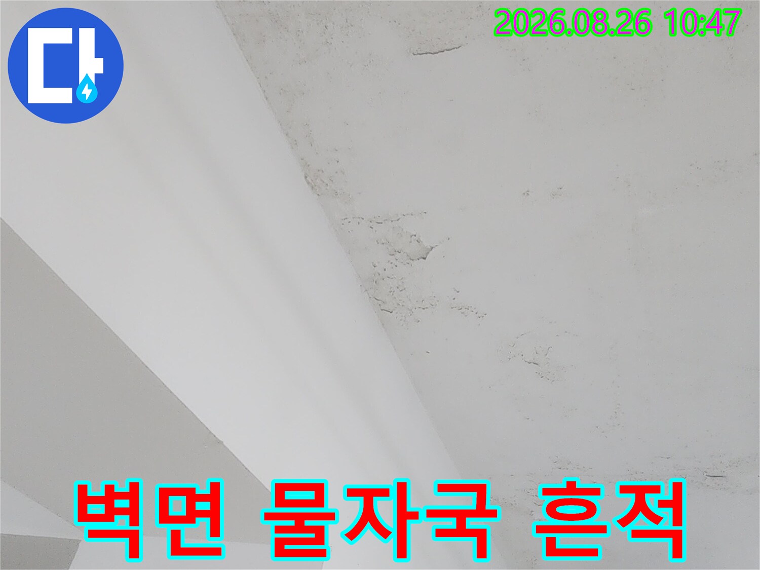 하얀색 벽면에 나타난 어두운 색상의 수분 침투 및 얼룩 자국