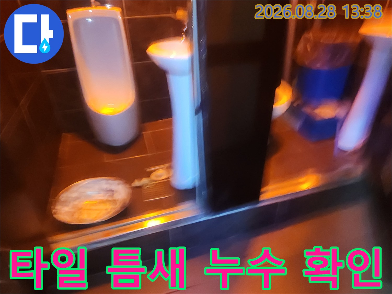세면대 주변 바닥의 물고임과 타일 틈새를 촬영한 사진