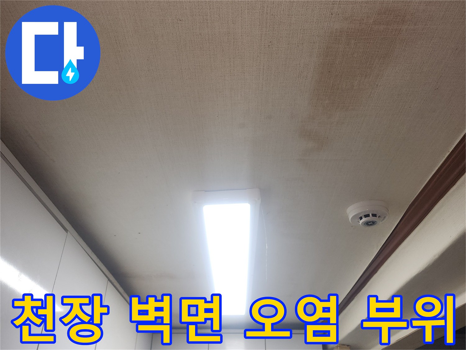 누수로 인해 얼룩진 천장 벽지-습기 침투 흔적