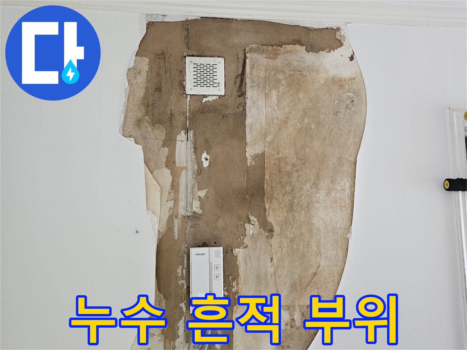 갈색 얼룩이 넓게 퍼진 아파트 거실 벽면의 모습