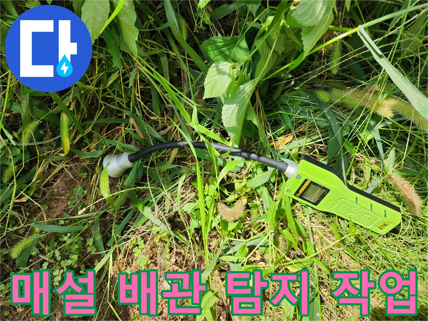 풀이 무성한 지면 위에서-가스식 장비로-배관의 누수를 찾는 중입니다