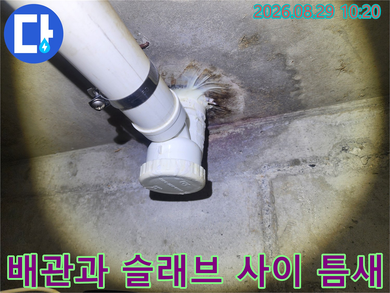 하수 배관 주변의 방수층 파손 부위를 촬영한 사진입니다.