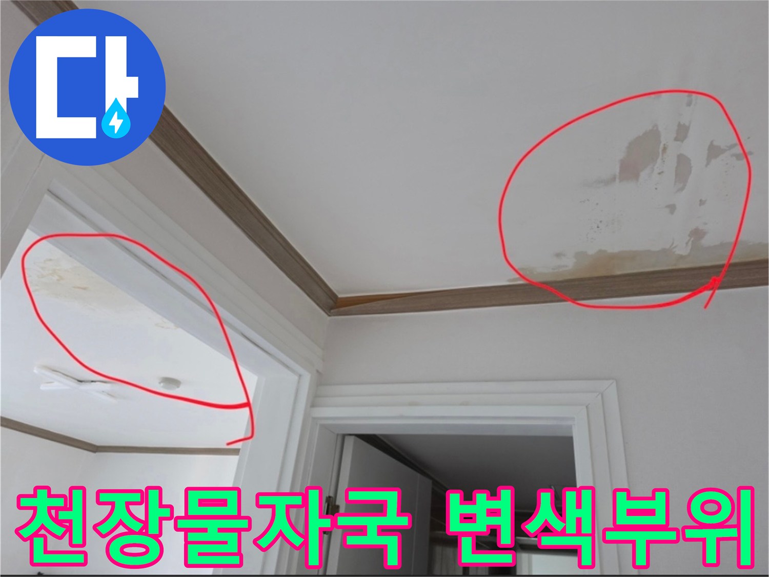 금산읍 아파트 천장에 발생한 넓은 범위의 물자국과 변색된 상태를 보여주는 사진입니다.