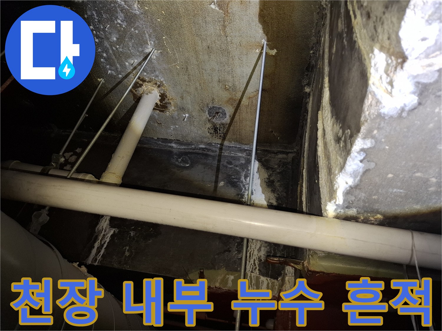 천장 구조물-습기와 백화 현상이 나타난 배관 상태