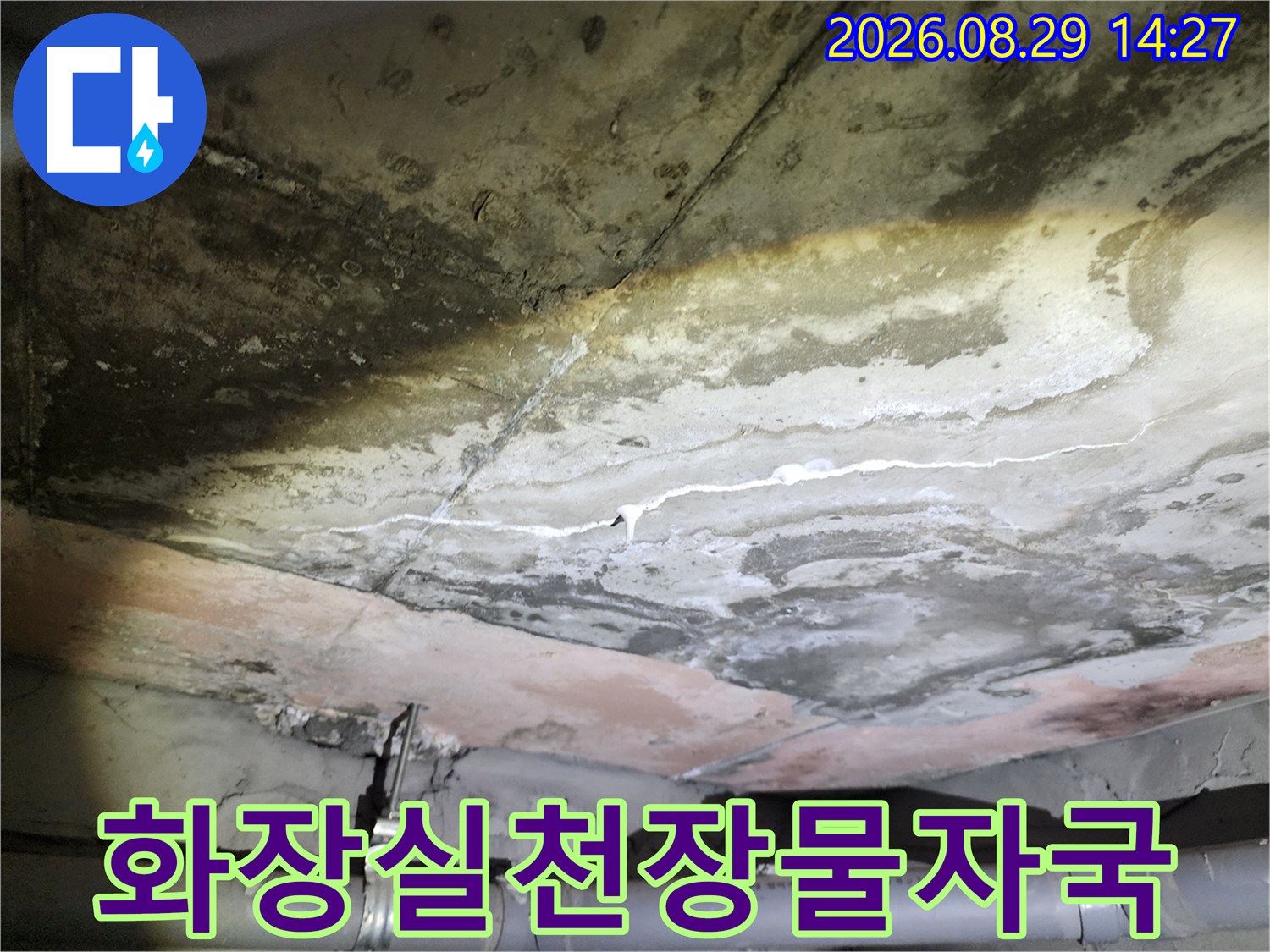 아파트-천장-콘크리트-슬라브의-누수-흔적과-젖은-배관-주변