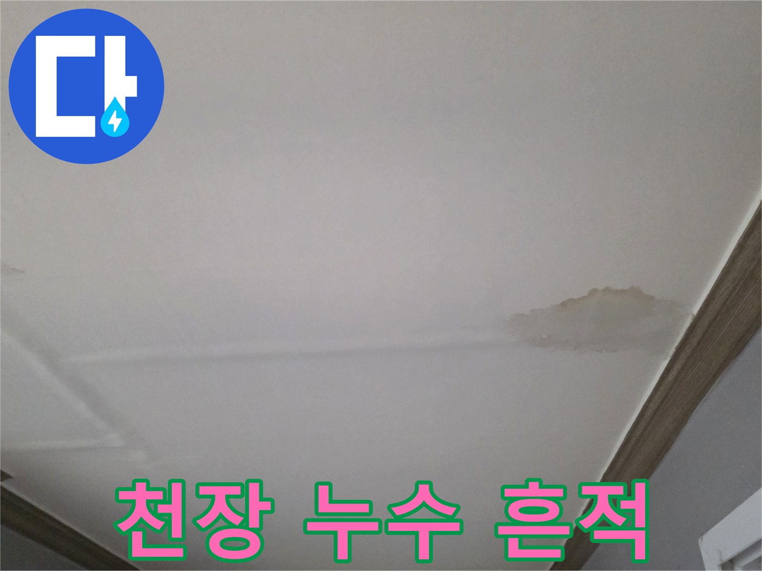 누수 피해를 입은-빌라 거실 천장의 얼룩진 부위